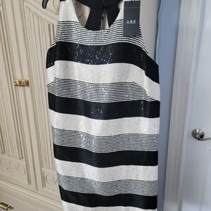 ABS Allen Schwartz Black and White Sequin Stripe Midi Dress